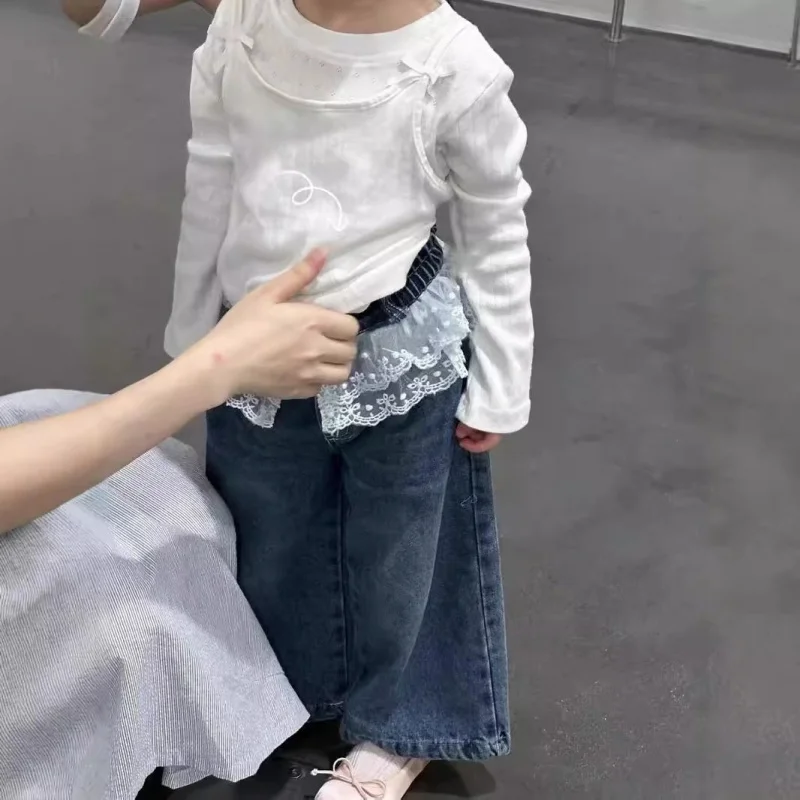 

01-Sweet and Cute2025Autumn New Style Girls' Fashionable Camisole Base Set Casual Lace Jeans Trendy