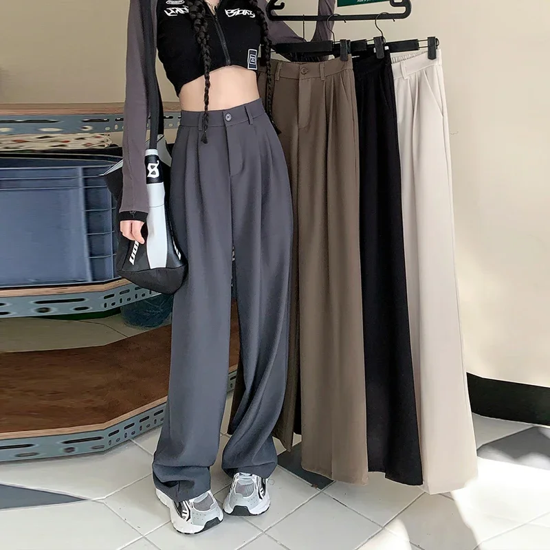 Spring Casual Loose Suit Pants Solid Wide Leg Pockets Long Female Trousers High Waist Women Straight Pants E4610