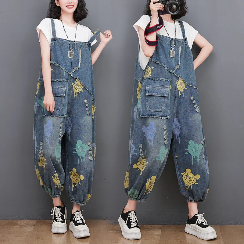 Denim overalls new Loose leisure fashion printed suspenders women fashion design
