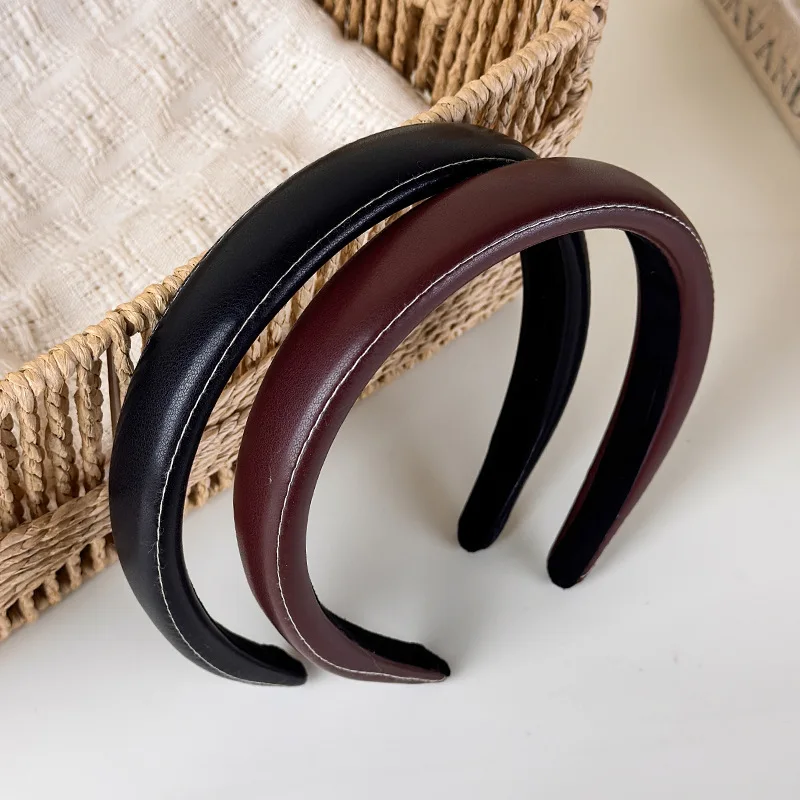 Vintage Thin Edge PU Leather Hair Hoop Minimalist Solid Color Headband Office Daily Casual Autumn Winter Hair Accessory