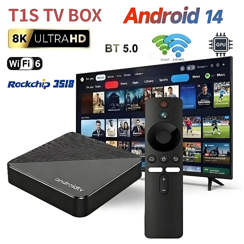 T1 Android 16 Smart TV Box Bluetooth 6.0 Rockchipp 3518 8K Ultra 2.4G 5G Dual Wifi Multi Language Streaming Media Player TV Box