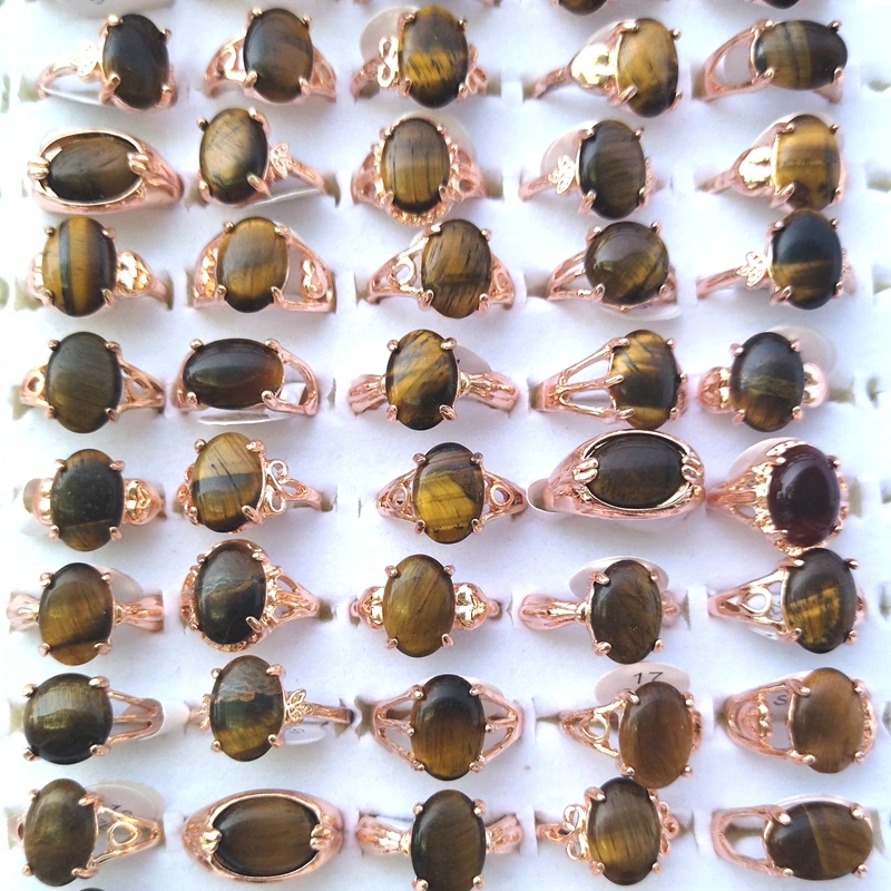 Rose Gold Plated Natural Tiger Eye Stone Rings 50pcs/lot Mixed Design For Women