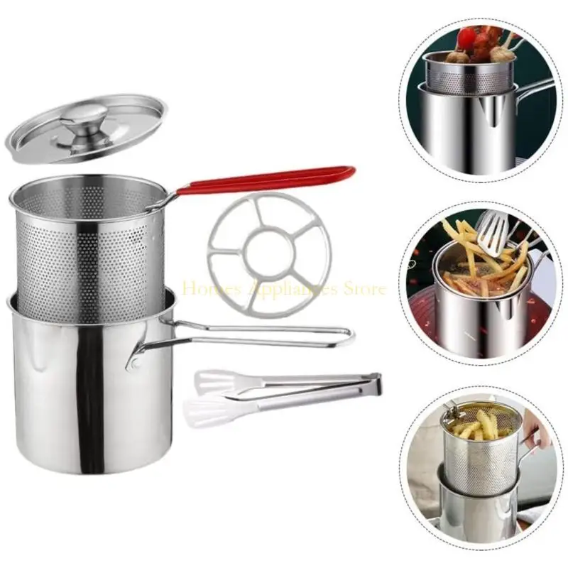 D0AB สแตนเลสสตีลขนาดเล็กกระทะความจุ 1.2L พร้อมตัวกรองแม้กระทั่งการกระจายความร้อนหม้อทอดด้วยตะกร้ากรอง