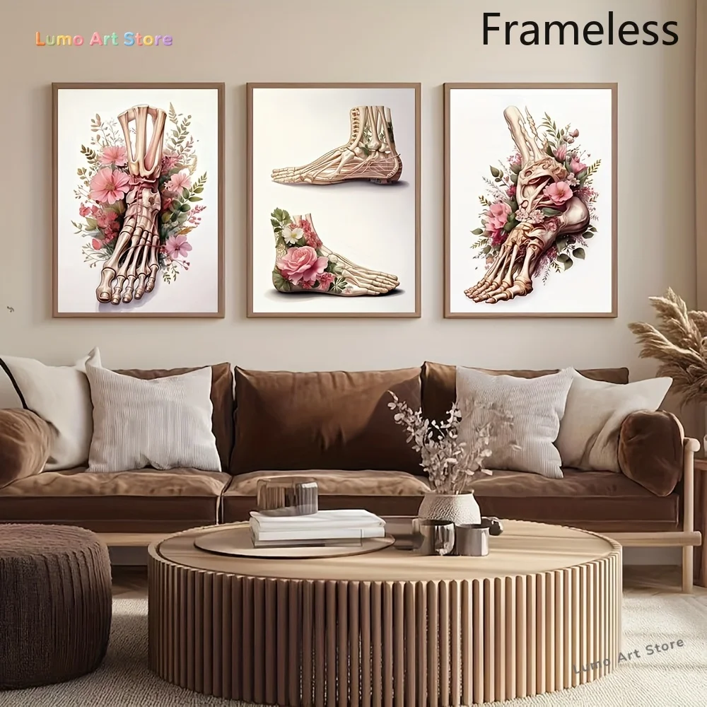 2D Flat, Mural, Set of 3 Office Decoration for Podiatrists, Pink Floral Print, Foot Anatomy Art, Podiatric Art, Medical Wall