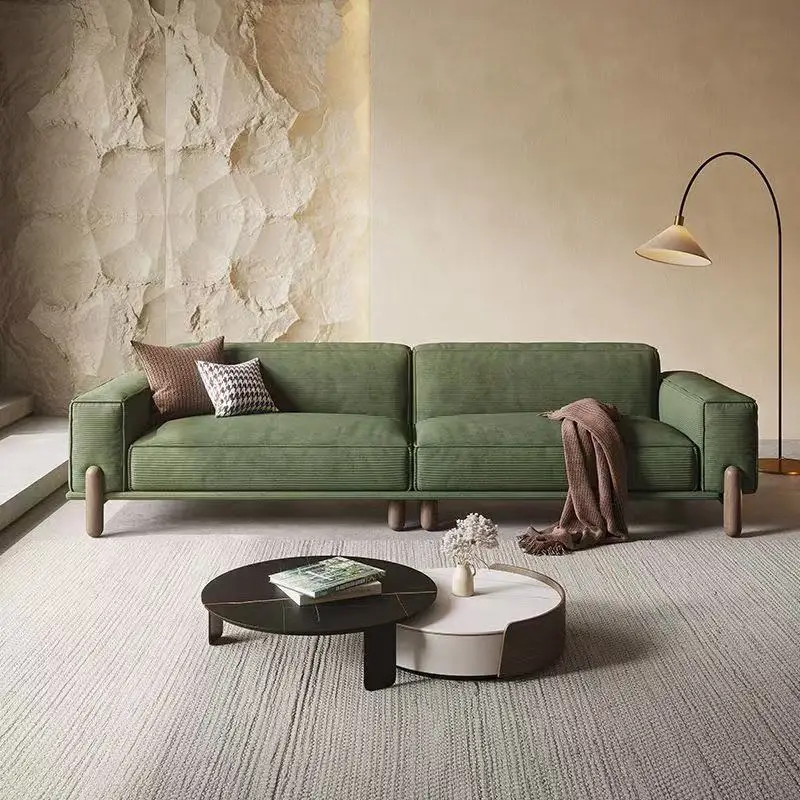 

Retro Internet celebrity flannel Japanese tofu cubes straight row three-person Italian minimalist solid wood corduroy fabric