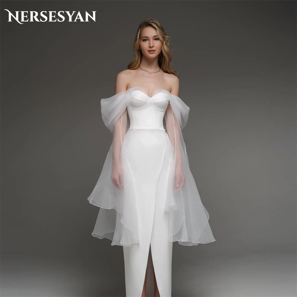 Nersesyan Elegant Solid Mermaid Wedding Dresses Middle Slit Chiffon Flare Sleeves Bridal Gowns Off Shoulder Blackless Bride Gown