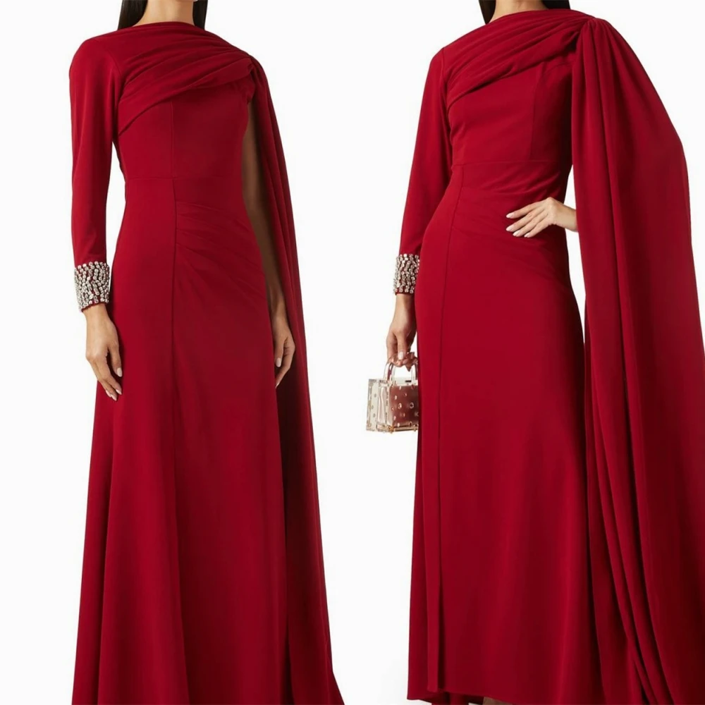 

Customized Delicate Red Jersey Evening Dress Temperament Crew Neck One Shoulder Long Sleeves Celebrity Gowns Classic Party Dress