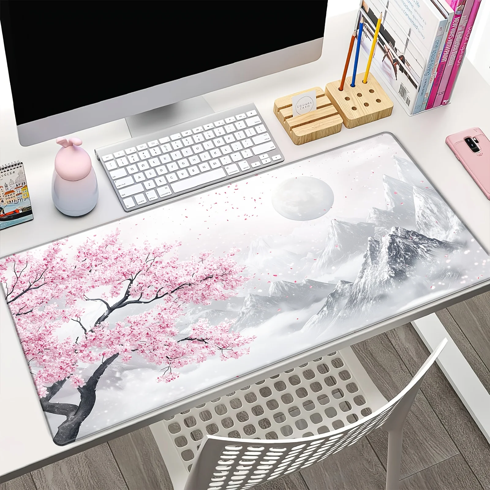 

Sakura and Snow Mountain Theme Pattern Mouse Pad, Anti-slip Rubber Bottom Game Pad,suitable for Electronic Games Home Office Use