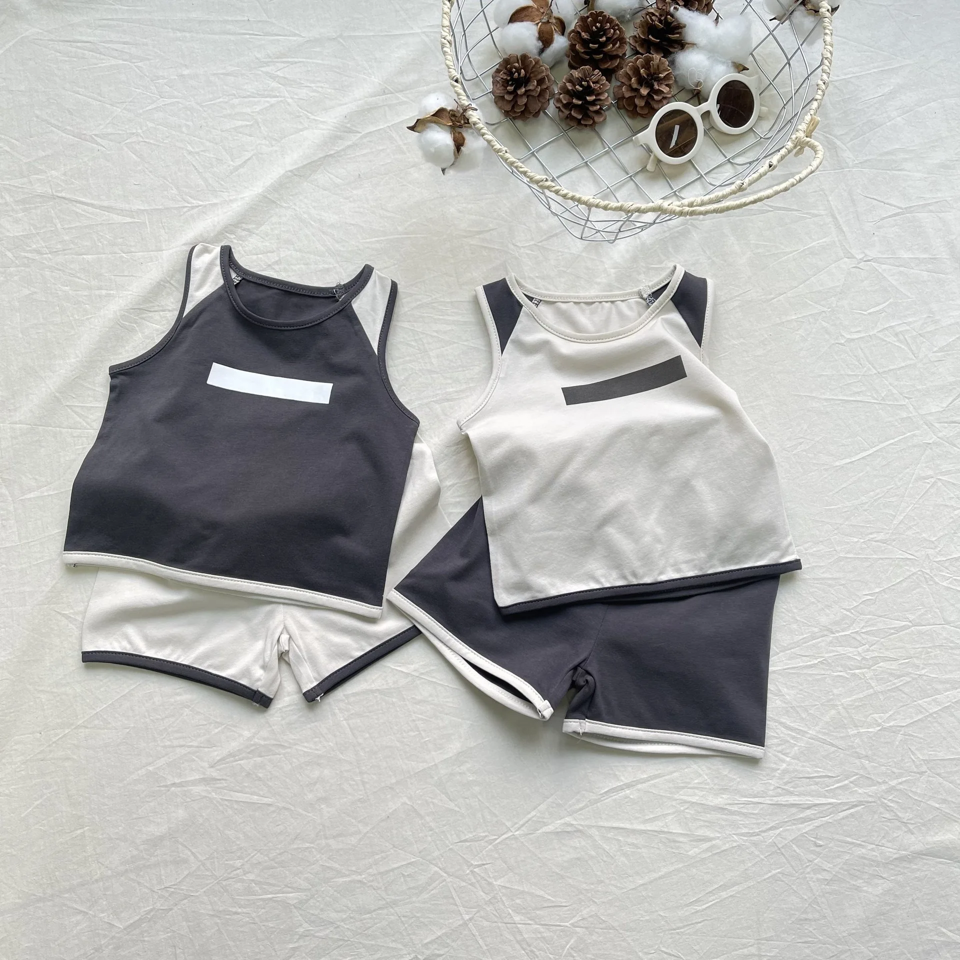 Tank Top Color Blocking Set Summer New Style Set Boys and Girls Shorts Two Piece Set Refreshing and Breathable