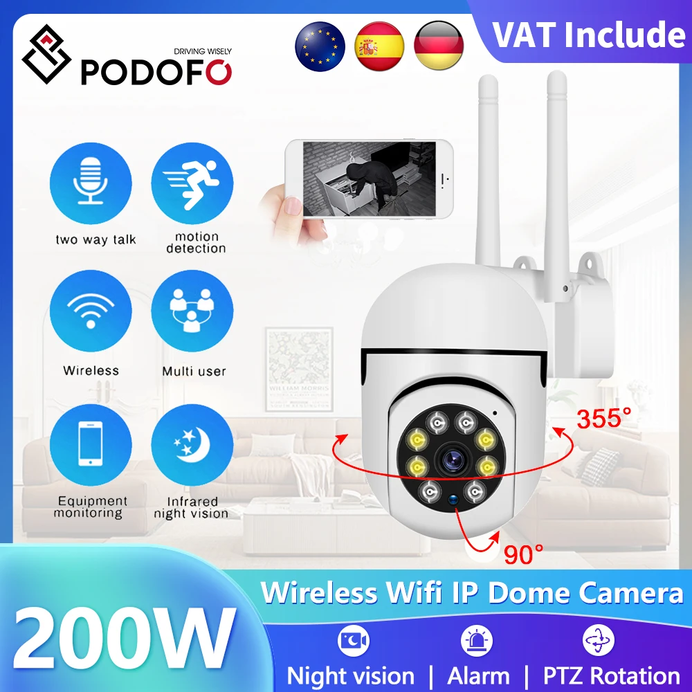 Podofo 200W PTZ WIFI IP Camera Wireless AI Security Surveillance Camera 2MP 2.4GHz WiFi CCTV Night Vision Full Color Outdoor