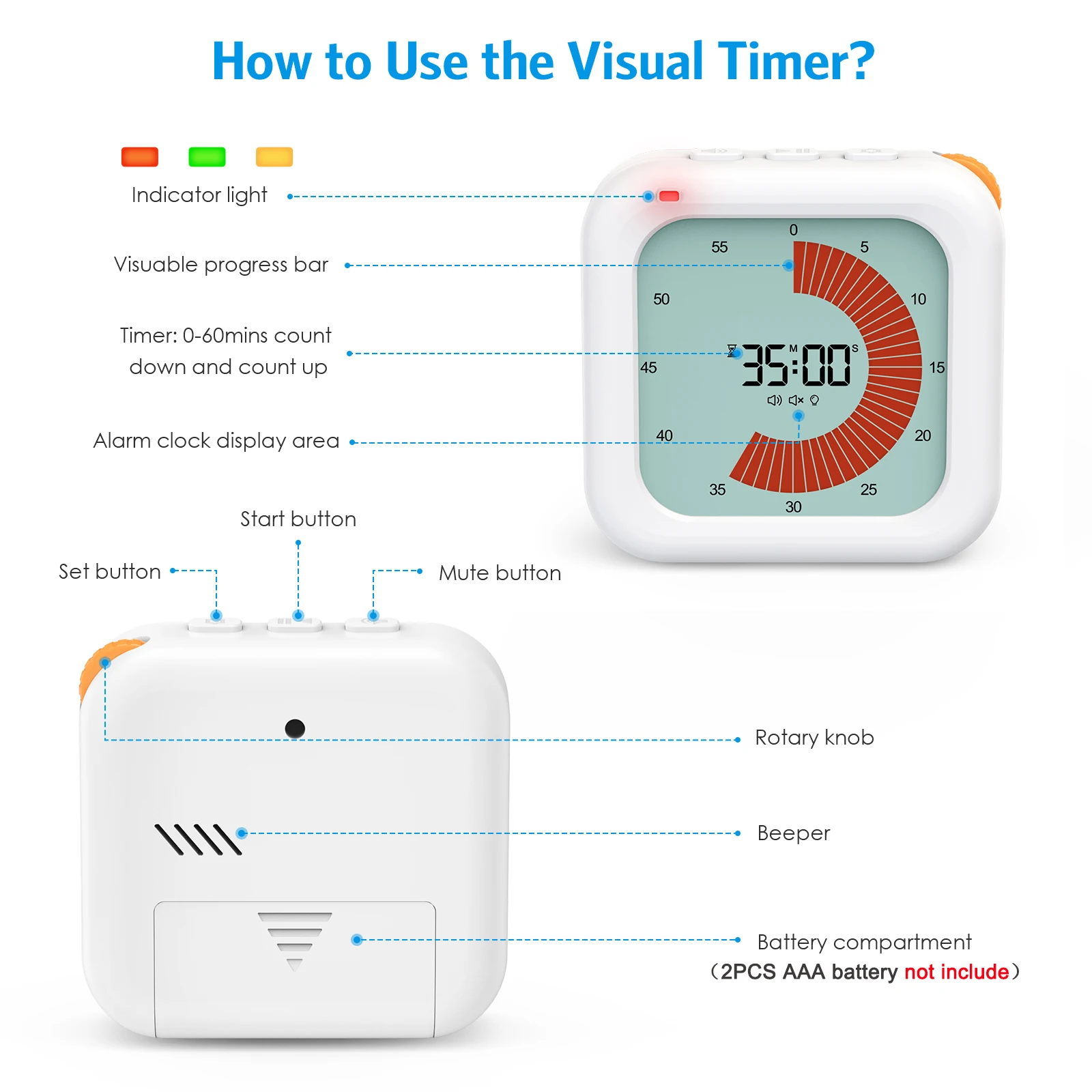 ORIA Visual Timer Digital Countdown Timer 60-Minute Silent Classroom Timer Management Tool for Home School Office Kitchen