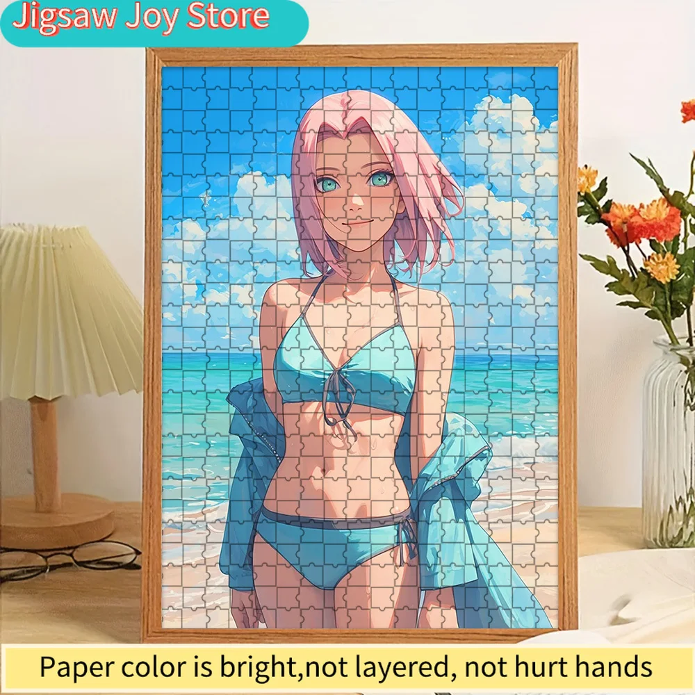 

Sakura Haruno Summer Beach Paper Puzzle, Vibrant Anime Character Art of Pink-Haired Ninja in Turquoise Bikini at Seaside, Premiu