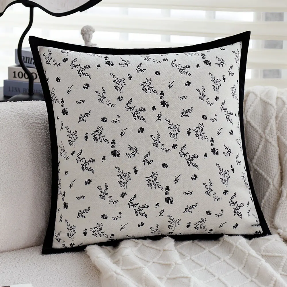 Weicher Blumen-Kissenbezug, 45 x 45 cm, für Wohnzimmer, nordischer Stil, Sofa, dekorativer Kissenbezug, Chenille-Samt, Schwarz, Funda Cojin