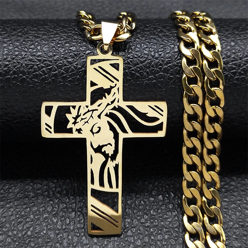 Hip Hop Punk Krone der Dornen Jesus Kreuz Halskette für Männer Edelstahl Vergoldet Kruzifix Anhänger Halsketten Schmuck N8052 – Detail 4