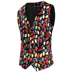 Christmas Theme Printed Pocket Single Breasted Vest Jacket Men Sleeveless V Neck Blazer Winter Fashion Slim Fit Suit Vest