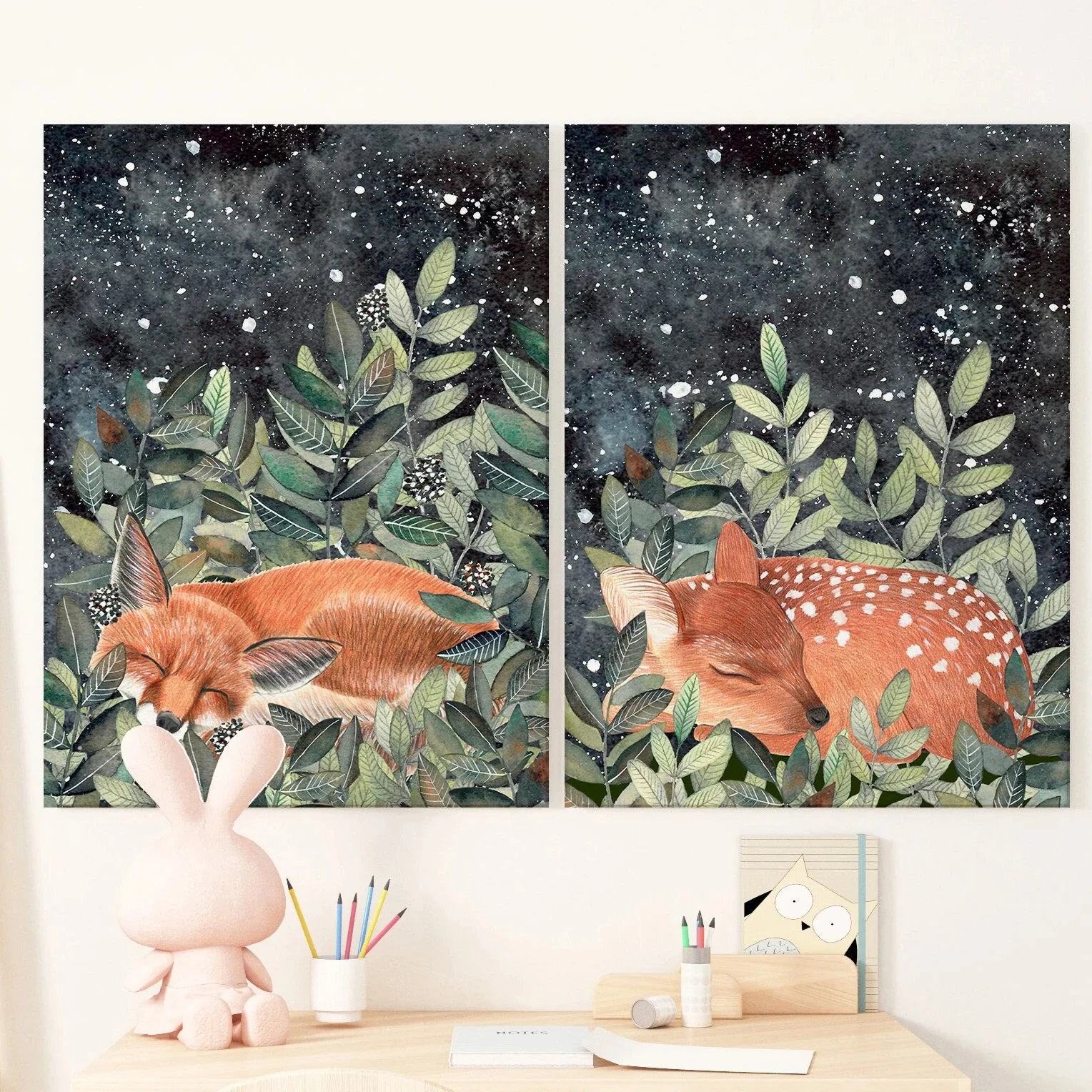 1pc frameless Canvas Painting Woodland Forest Animals Night Sky Wall Art Bear and Moon Poster Fox Deer Sleeping Illustration Can