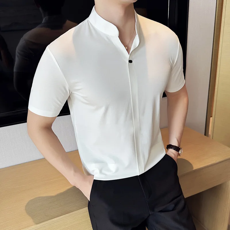 Chinese Style Stand Collar Short Sleeved T-shirt Men Summer Seamless High Elastic V-neck Casual Business T-shirts Black White