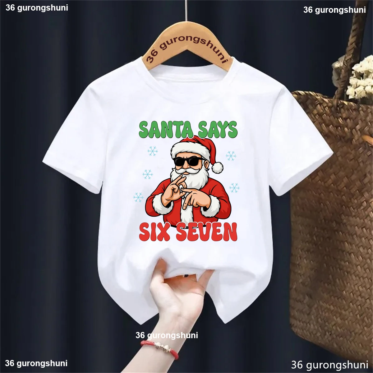

Funny T Shirt Girls/Boys Santa Says Six Seven 67 Meme Printed T Shirt Xmas Gift Shirt Kawaii Kids Clothes White/Black T-Shirt