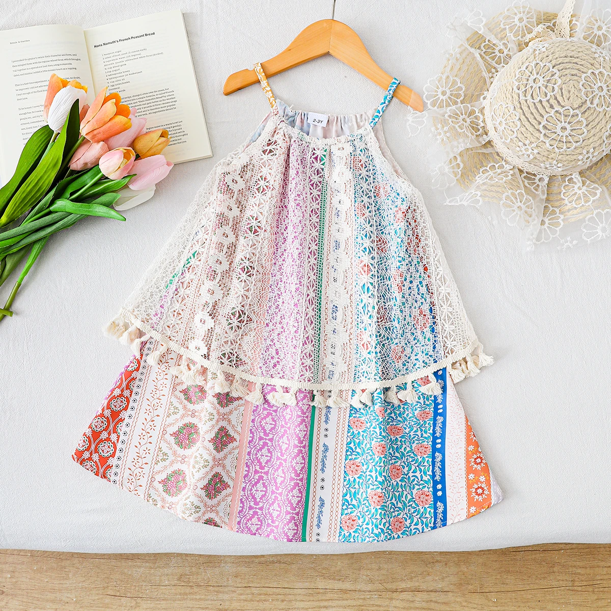 

Girls Ethnic Lace Print Off-Shoulder Dress Children's Multicolor Floral Strap Dress Kids' Fashion Casual Skirts
