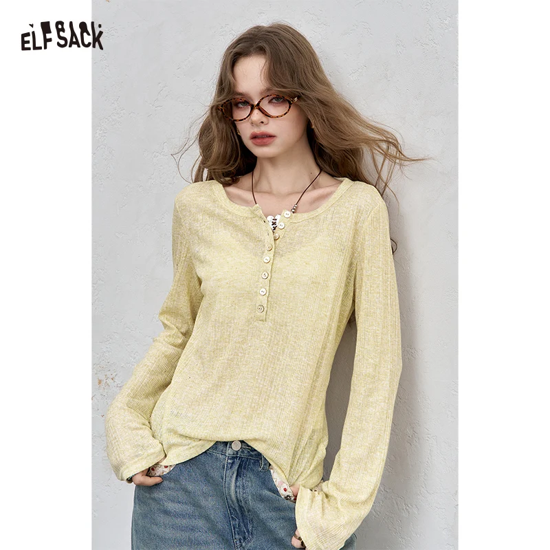 

ELFSACK 2025 Autumn New Arrival Soft Casual Solid Color Long SleeveFitted Round Neck Basic Stretch Top Tee For Woman