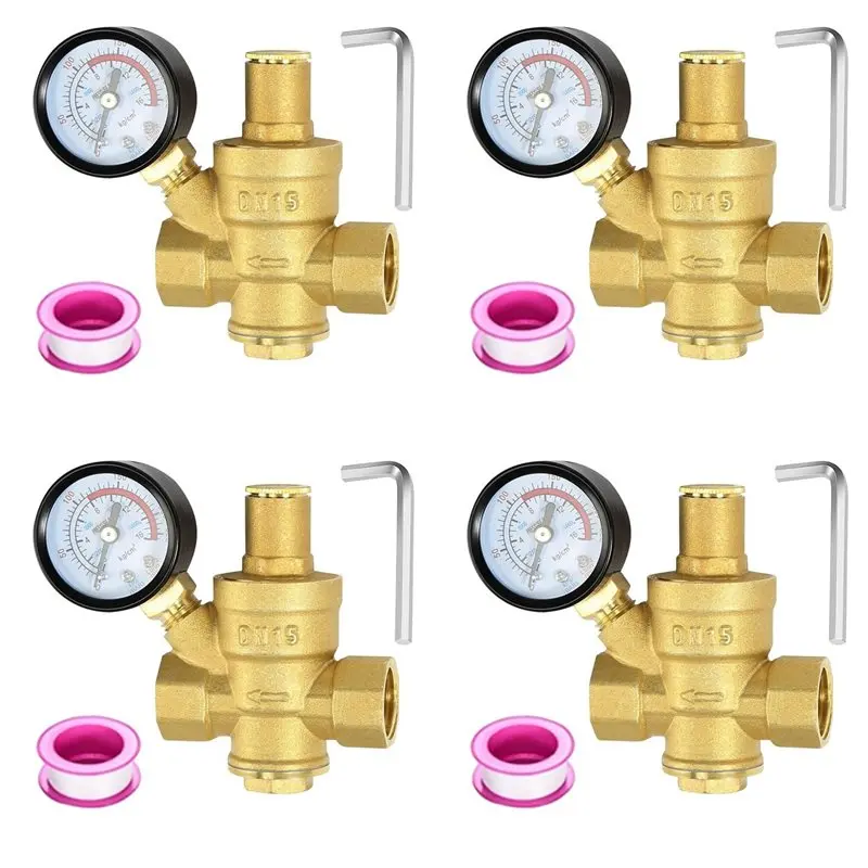 

【24H SALE】4X Water Pressure Regulator 1/2 Inch With Gauge, Hardness Brass, Adjustable Water Pressure Reducing Valve Water