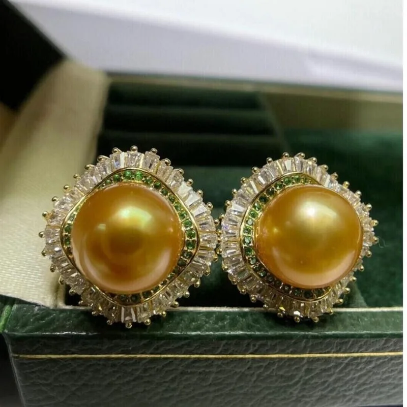 

Natural AAAAA 11-10mm South China Sea Round Gold Pearl Earrings 925S-