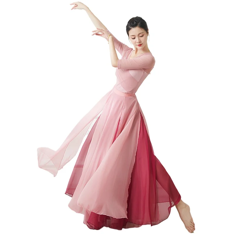 Classical Dance Skirt 720 Degrees Flowing 2 Layers Long Chifon Maxi Skirt Ethnic Style Stage Performance Classical Dance Costume