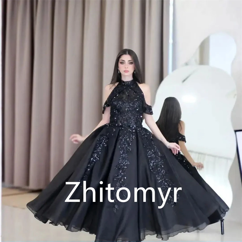 Customized Sparkle Fashion Halter A-line Formal Ocassion Gown Beading Paillette / Sequins Anke length Skirts Charmeuse Evening D