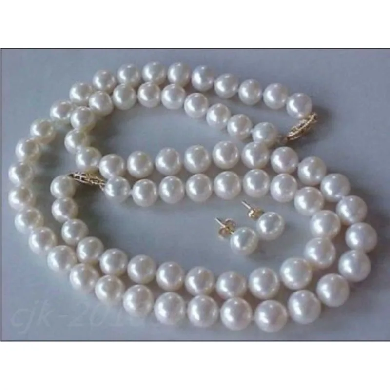 14K 9-8mm AAA Genuine White Pearl Necklace, Bracelet and Earrings Set New Vintage Simple Women's 3-piece Set