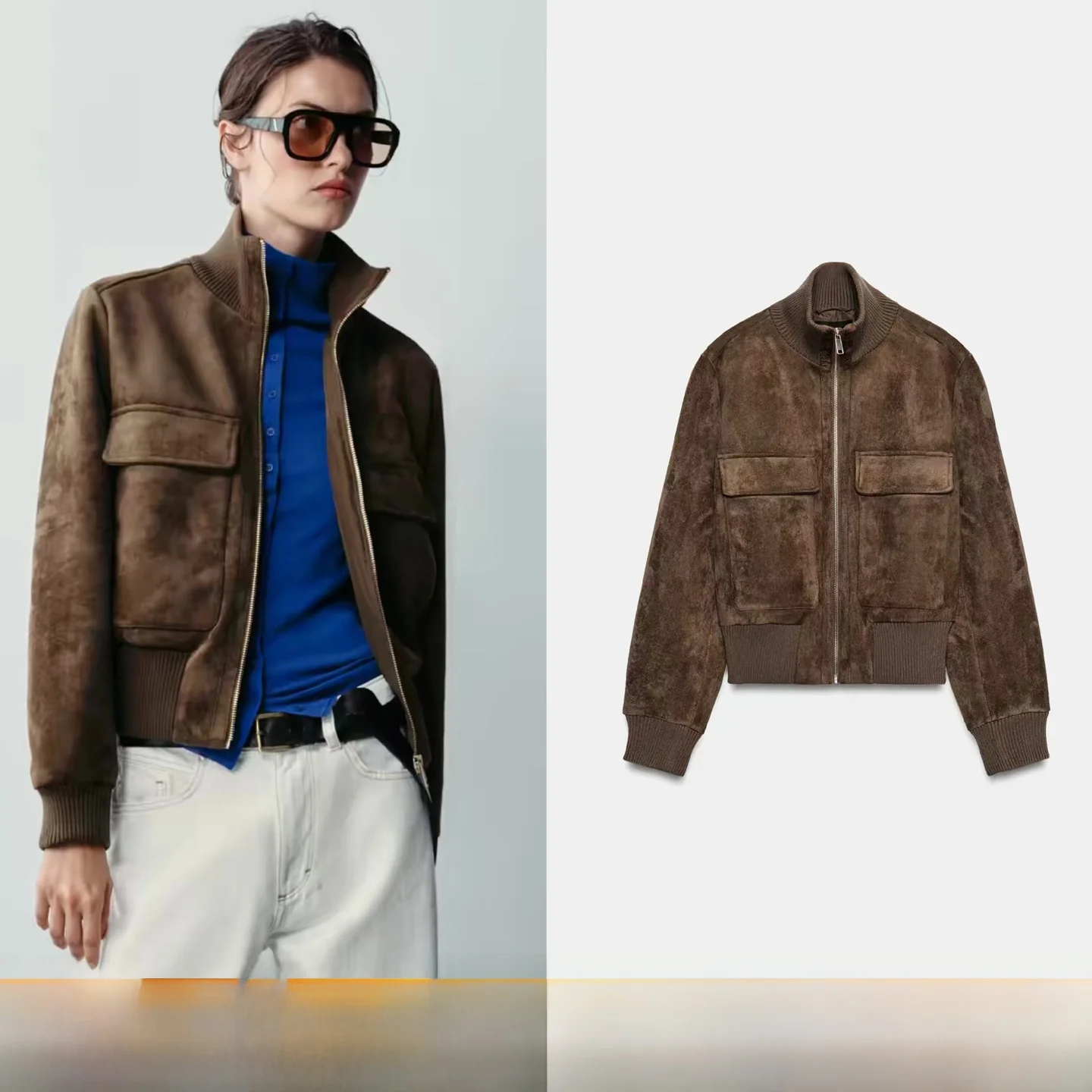Retro Style Women's Short Jacket Deer Skin Fleece Lined Stand Collar Pilot Coat Autumn New Arrival Fashion Ladies' Outerwear