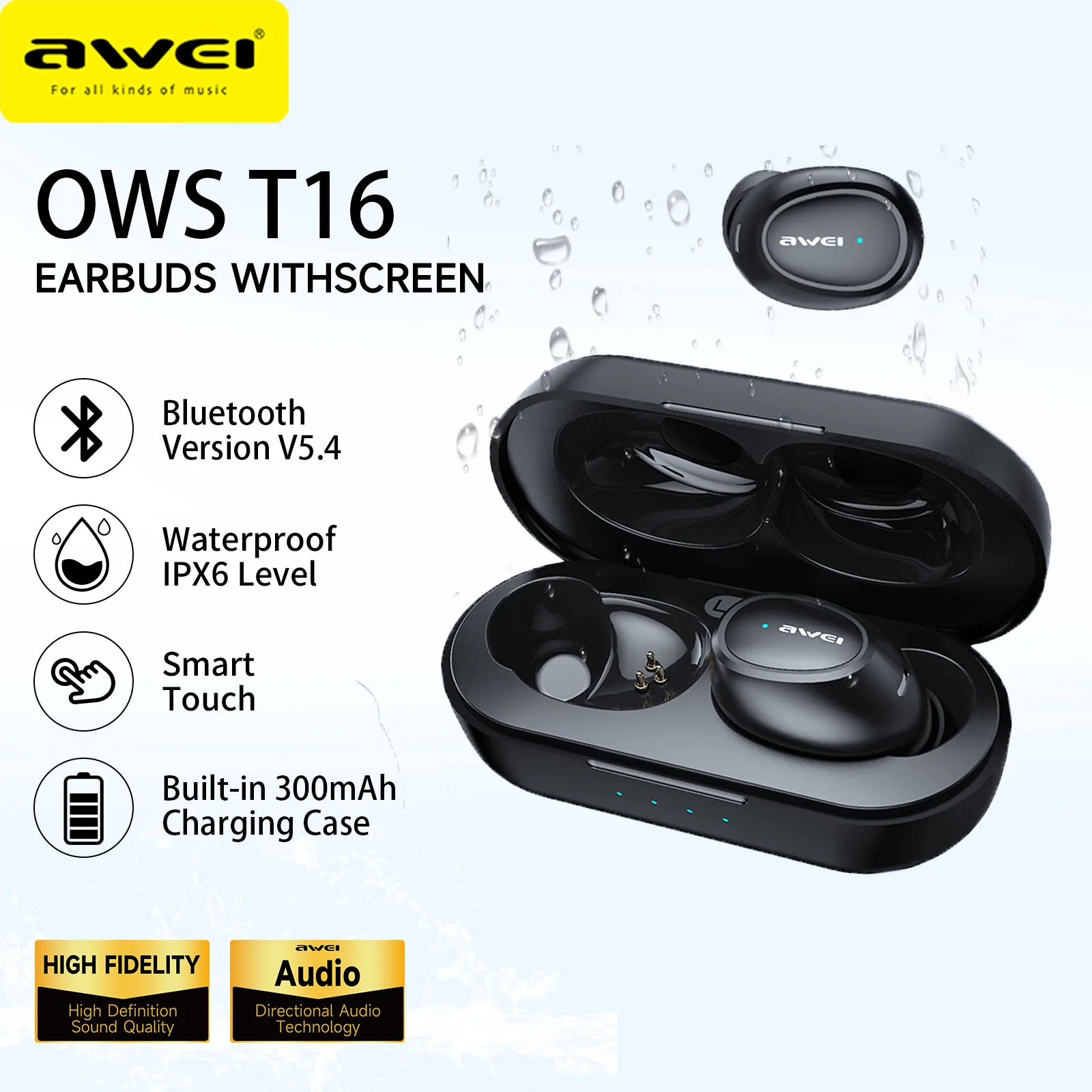 Awei T16 TWS بلوتوث 5.4 سماعات أذن مع ميكروفون لاسلكي داخل الأذن HiFI باس صوت ستيريو سماعة HiFi الموسيقى سماعة أذن رياضية