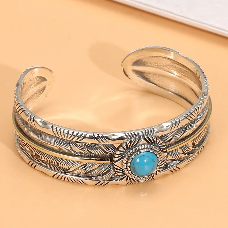 925 sterling silver japanese style feather bracelet men's fashion internet celebrity bracelet stylish distressed silver bracelet