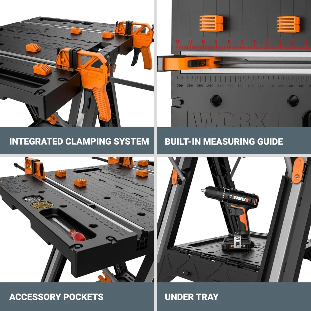 Worx Pegasus Mesa de trabalho dobrável 2 em 1 e Sawhorse, Bancada portátil de fácil configuração, Bancada leve, 31 "W x 25" D x 32 "H