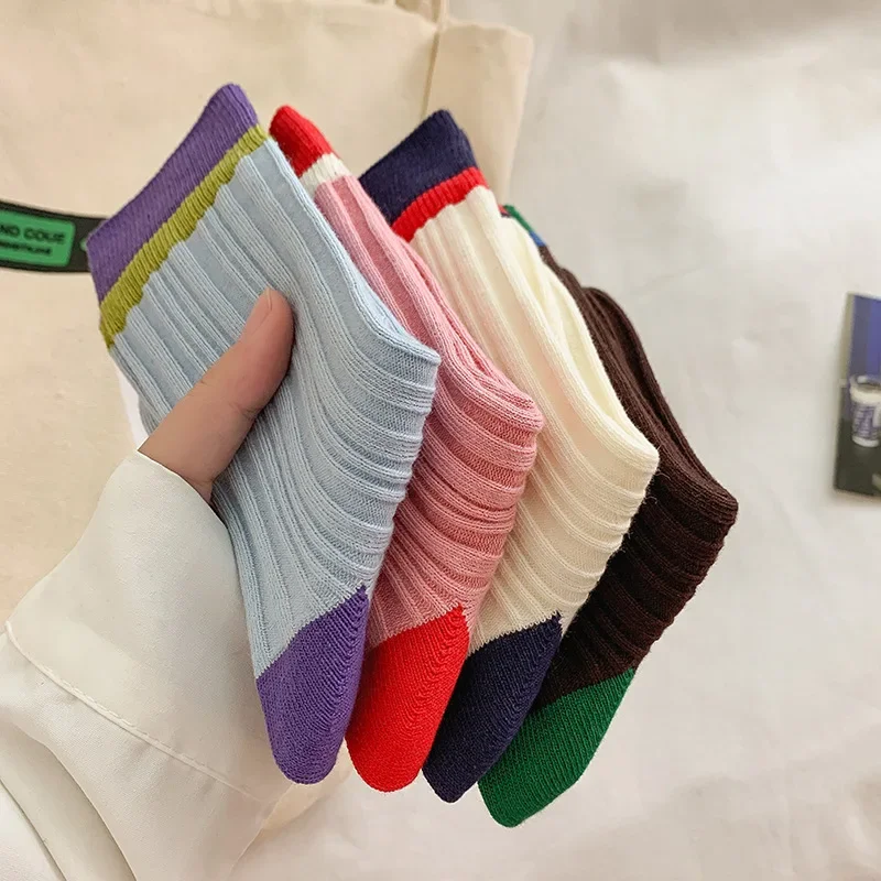 Women Socks Korean Style Color Matching Harajuku Vintage Socks Knitting Cotton Japanese Fashion Striped Girls Elastic Long Socks