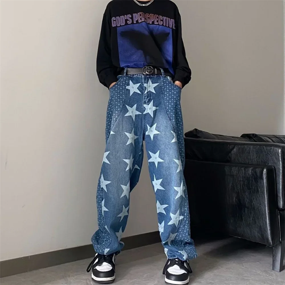 HIp Hop Star Printed Men's Jeans Straight Wide Leg Gothic Denim  Loose Casual High Waist Male Fashion Trousers Jeans Men