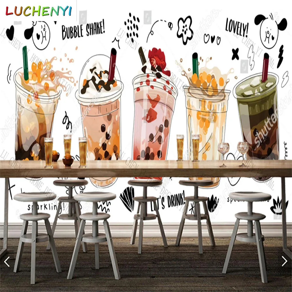 

Custom cartoon bubble milk tea 3d wallpaper mural restaurant juice shop kitchen dining room wall papers home decor sticker