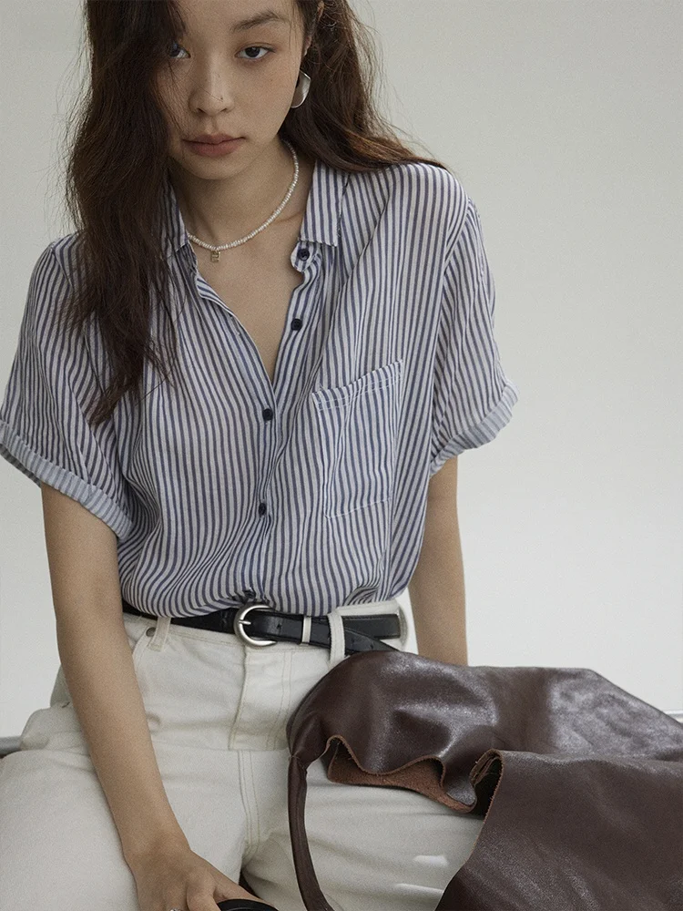 

Joli Choose Women's Breathable Linen Short Sleeve Striped Shirt Summer New Style Casual High-End Feeling Fashionable Top