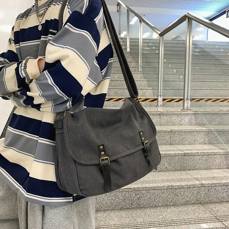 

Men's Vintage Canvas Messenger Bag, Casual Crossbody Satchel with Leather Buckles, Large Capacity Shoulder Bag for Work