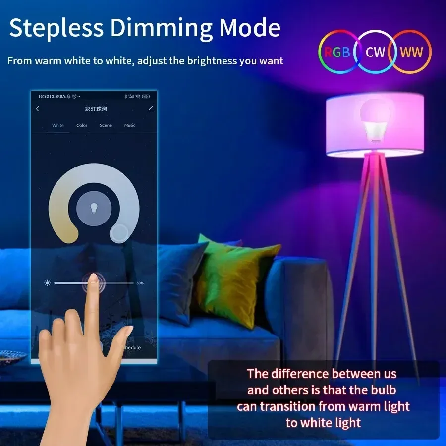 Bombilla LED inteligente Tuya E27, Control por aplicación, luz regulable, Bluetooth, RGB, 220V, decoración de dormitorio, iluminación de fiesta, vida inteligente