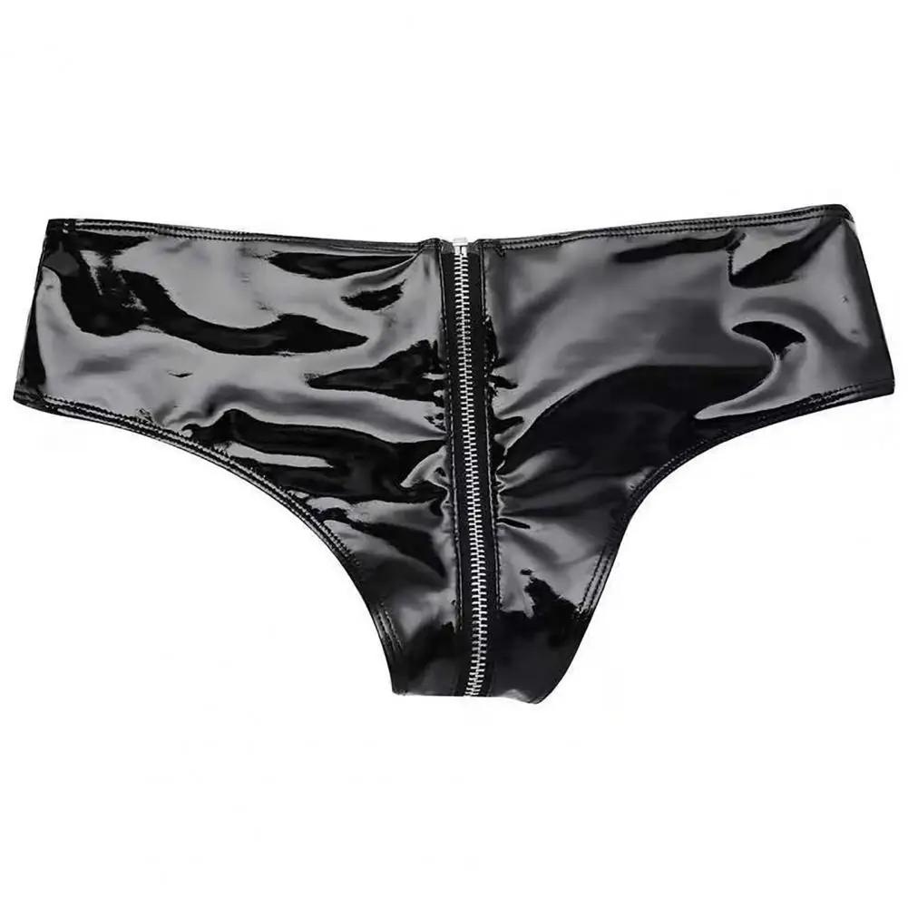 

Women Briefs Low Waist Zipper Open Crotch Solid Color Glossy Faux Leather Underpants Mini Hot Panties Underwear for Women