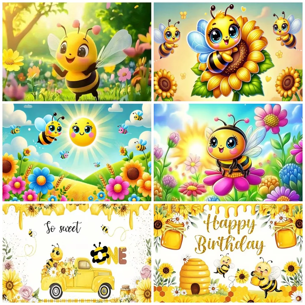 

Cartoon Bees Birthday Party Decoration Backdrop Gather Honey in Flower Fields Background Baby Shower Supplies Photography Props