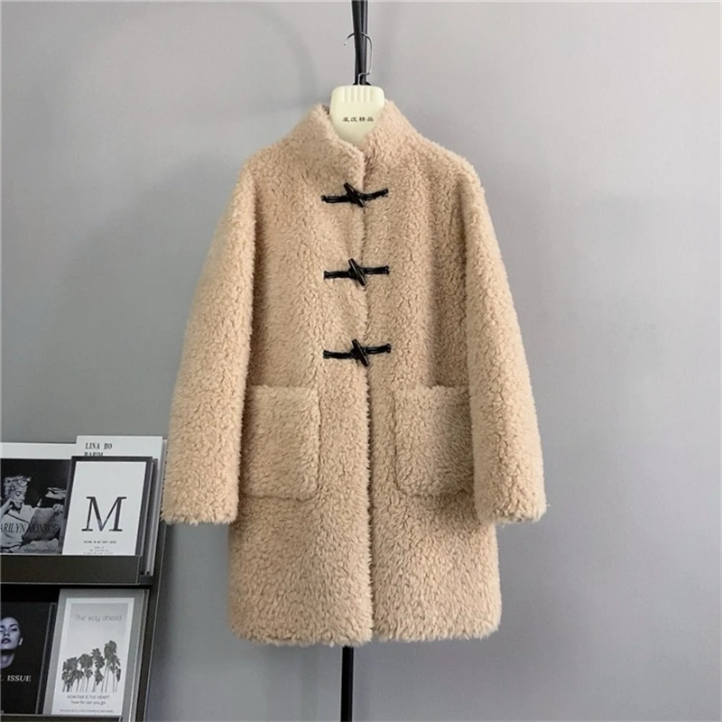 

2023 New Lamb Wool Coat Collar Sheep Shearling Fur Horn Buckle Mid-Length Thickened Winter Jacket PT432