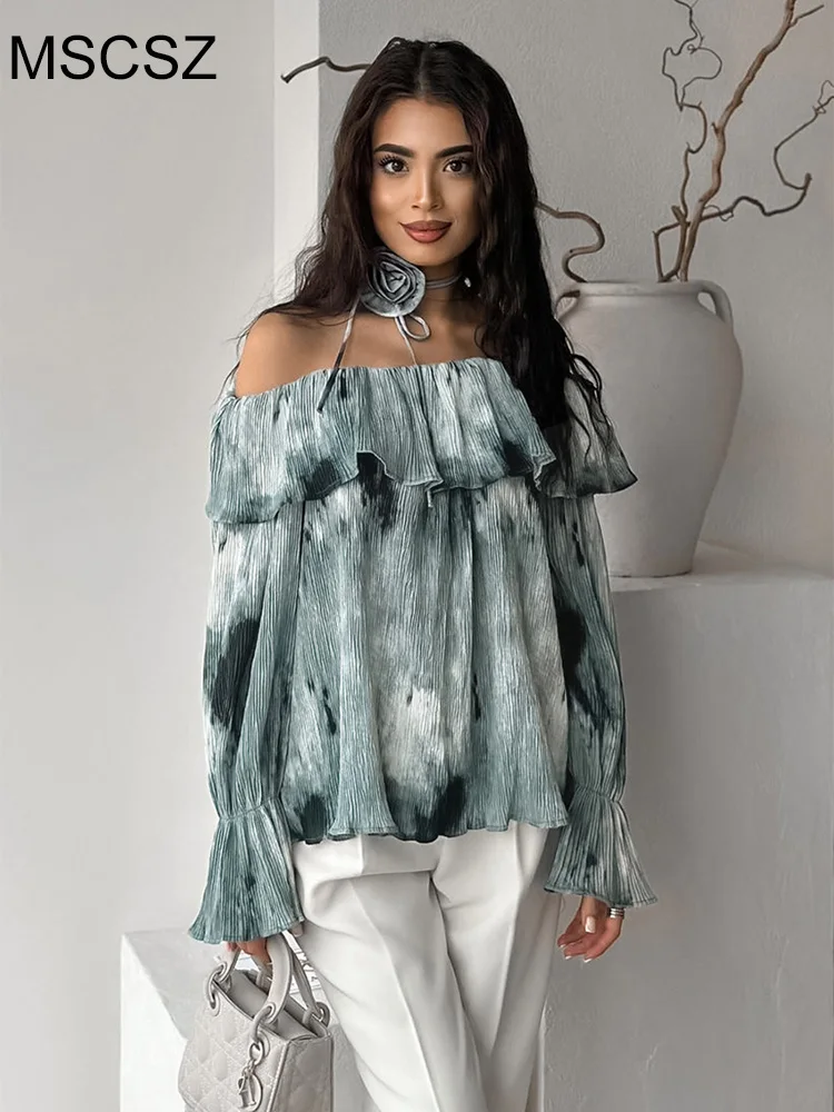 MSCSZ Tie Dye Print Long Sleeve Blouse For Women Off Shoulder Ruffle Blouses Spring Autumn Fashion Youth Womens Blouses Shirts