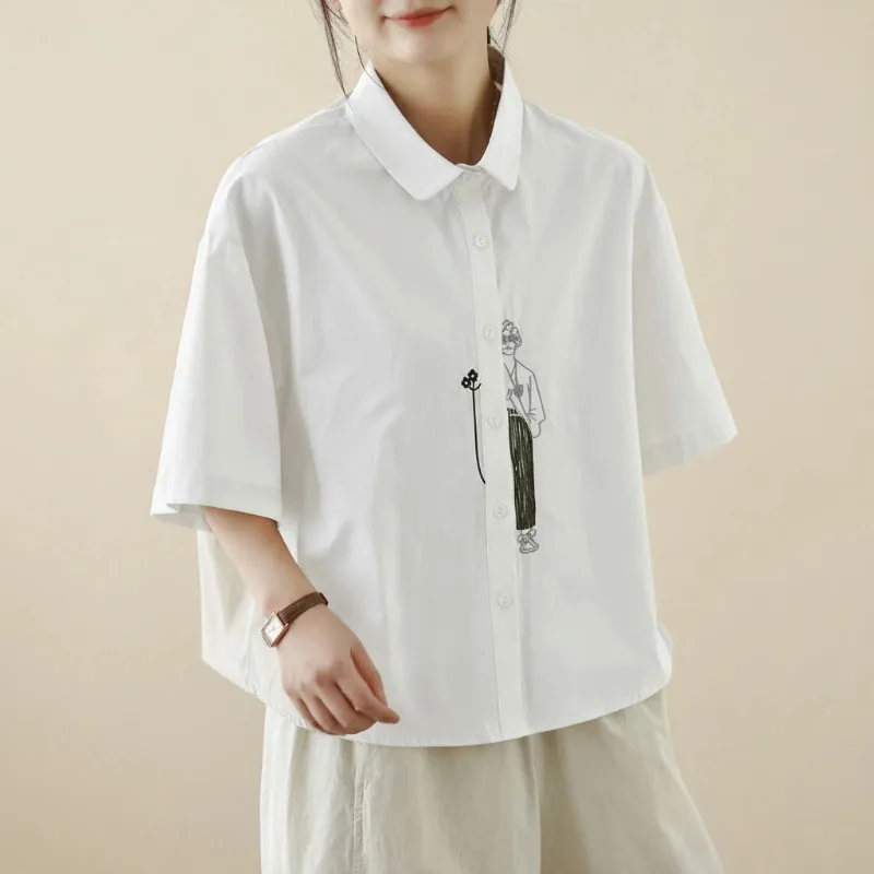 

Women's Cotton Embroidered White Shirt, Casual Loose Short Sleeve Blouse, Summer Top