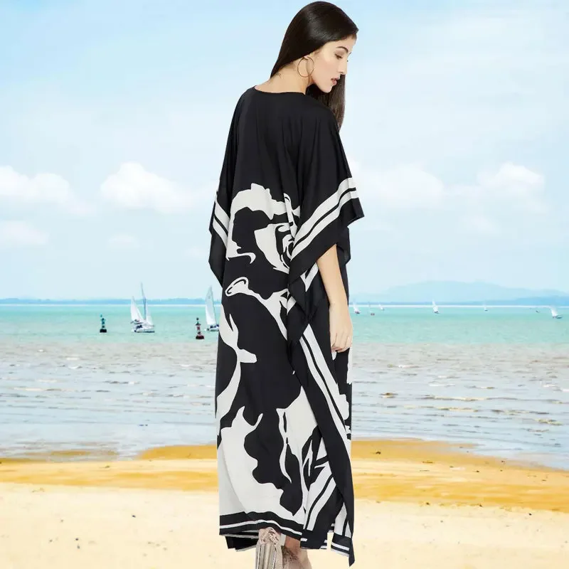 Kaftan Beach Dress Summer Long Bikini Cover Up Women Print Saida De Praia  Beachwear Pareos De Playa Mujer