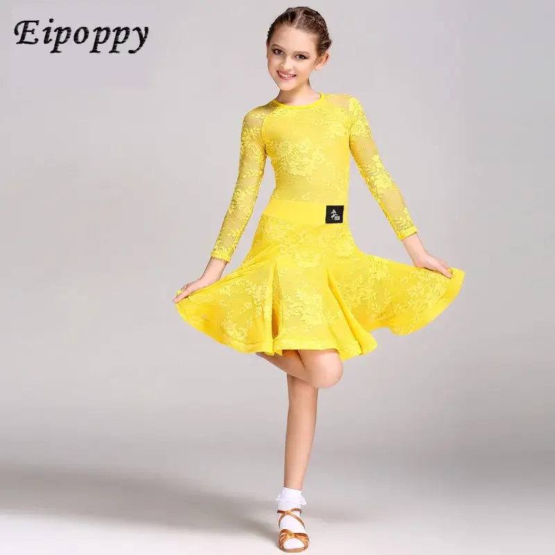 

Mid Long Sleeve Lace Mesh Mordern Ballroom Dancing Dresses For Kids Sexy Salsa Tango Skirt Children Latin Dance Dress For Girls