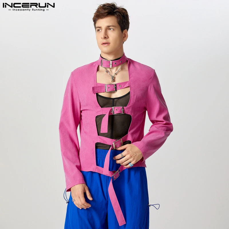 Mode Casual Style Y-INCERUN Hommes Métal strucDeconFumDesign Chemises Sexy Mâle Solide Creux À Manches sulfBlouse S-5XL