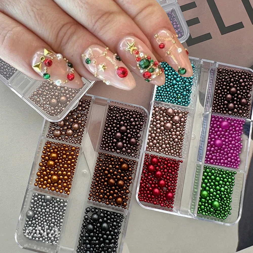 

6Grids Christmas Pearl Bead Nail Rhinestone Charms 3D Gold Silver Red Green Mini Caviar Ball Xmas Nail Jewelry Y2k Manicure Deco