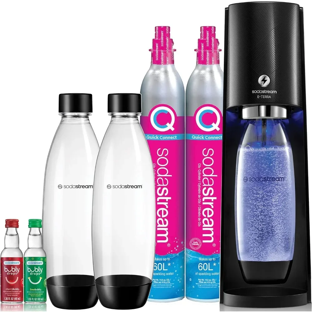 Paquete de máquina para hacer agua con gas E-TERRA (negro), con CO2, botellas carbonatantes y sabores de gotas peludas