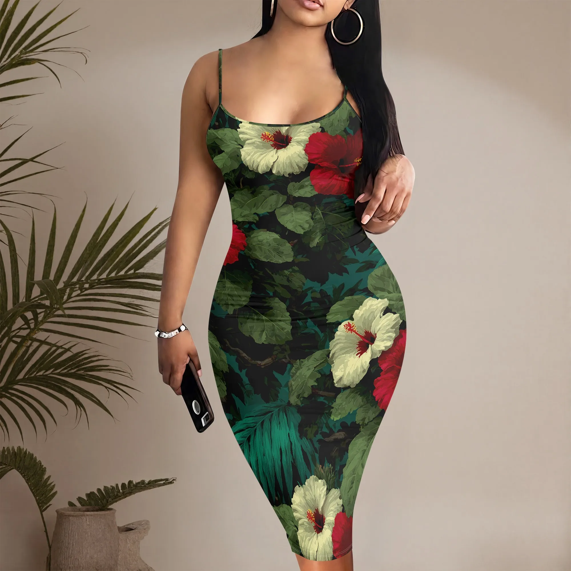 Floral Print Dress, Tropical Hibiscus Pattern, Bodycon Spaghetti Strap Midi Dress for Women, Summer Beach Party Clubwear, S-3XL